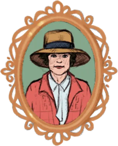 Portrait d’Elsie Reford dessiné dans un médaillon sculpté de couleur orangée.