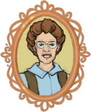 Portrait of Isabella Preston drawn inside an orange-toned sculpted medallion.