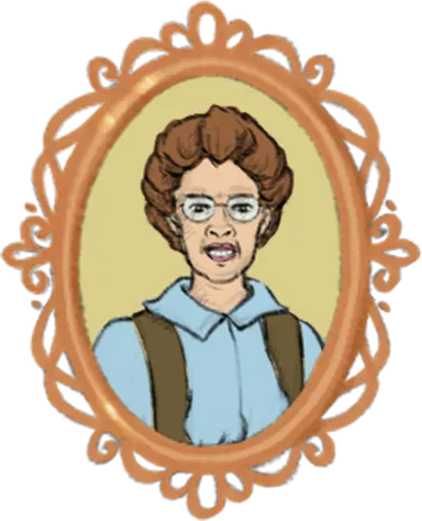 Portrait d’Isabella Preston dessiné dans un médaillon sculpté de couleur orangée.