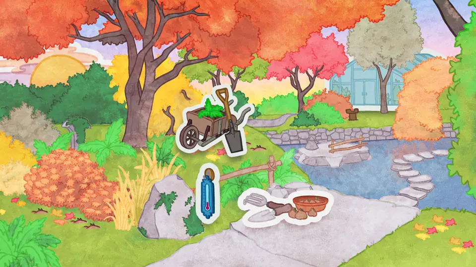 Dessin du Jardin japonais, où le feuillage des arbres est rouge ou jaune. Quelques feuilles recouvrent déjà le sol. La luminosité a diminué et le froid s’installe tranquillement dans ce jardin. L’eau du ruisseau est plus foncée. Une brouette, des outils de jardinage, une serre et un thermomètre indiquent le passage de l’été à l’automne.