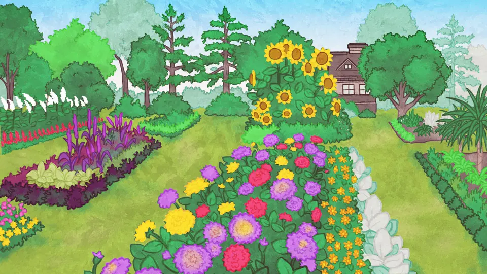 Sur cette aquarelle des Jardins ornementaux de la Ferme expérimentale centrale, les trois platebandes sont remplies de fleurs colorées. Celle du centre se compose de fleurs jaunes, violettes et rose. D’ailleurs, les tournesols sont si grands qu’ils camouflent une maison brune, au fond.  Une bande d’arbres au feuillage vert délimite la platebande de droite. Les buissons verts et les arbres feuillus dominent celle de gauche.