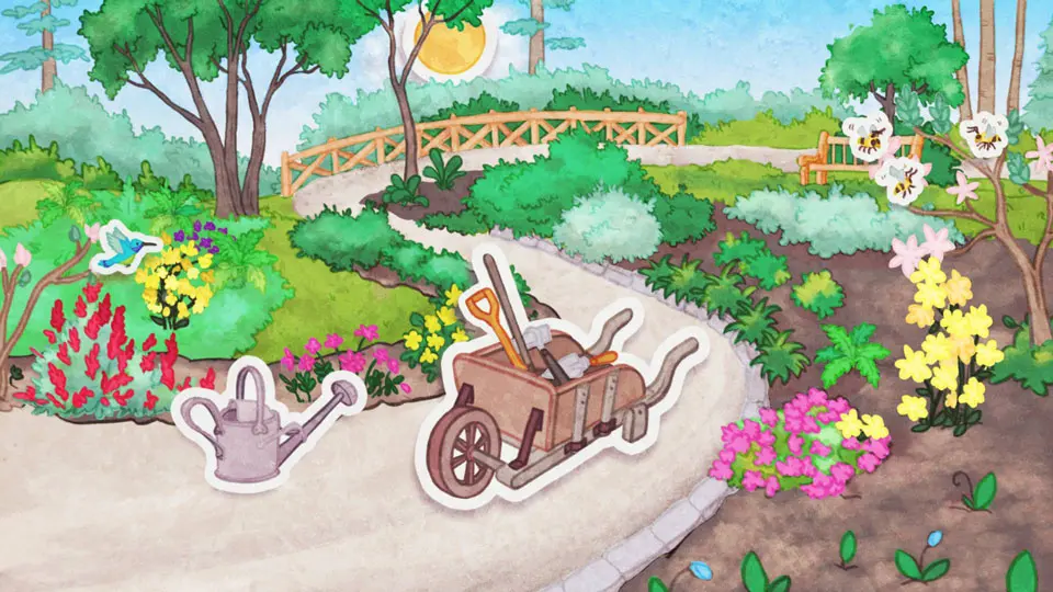 Plusieurs signes du début de l’été sont présents sur ce dessin du Jardin des pavots bleus et de l’Allée des azalées. Les abeilles et le colibri pollinisent les fleurs. Le nettoyage du jardin se fait grâce aux  outils de jardinage et la brouette sur le sentier. La chaleur du soleil donne de l’énergie aux plantes et l'arrosoir est un moyen parfait pour transporter l’eau vers le jardin. Ensemble, ils contribuent à la croissance des fleurs.