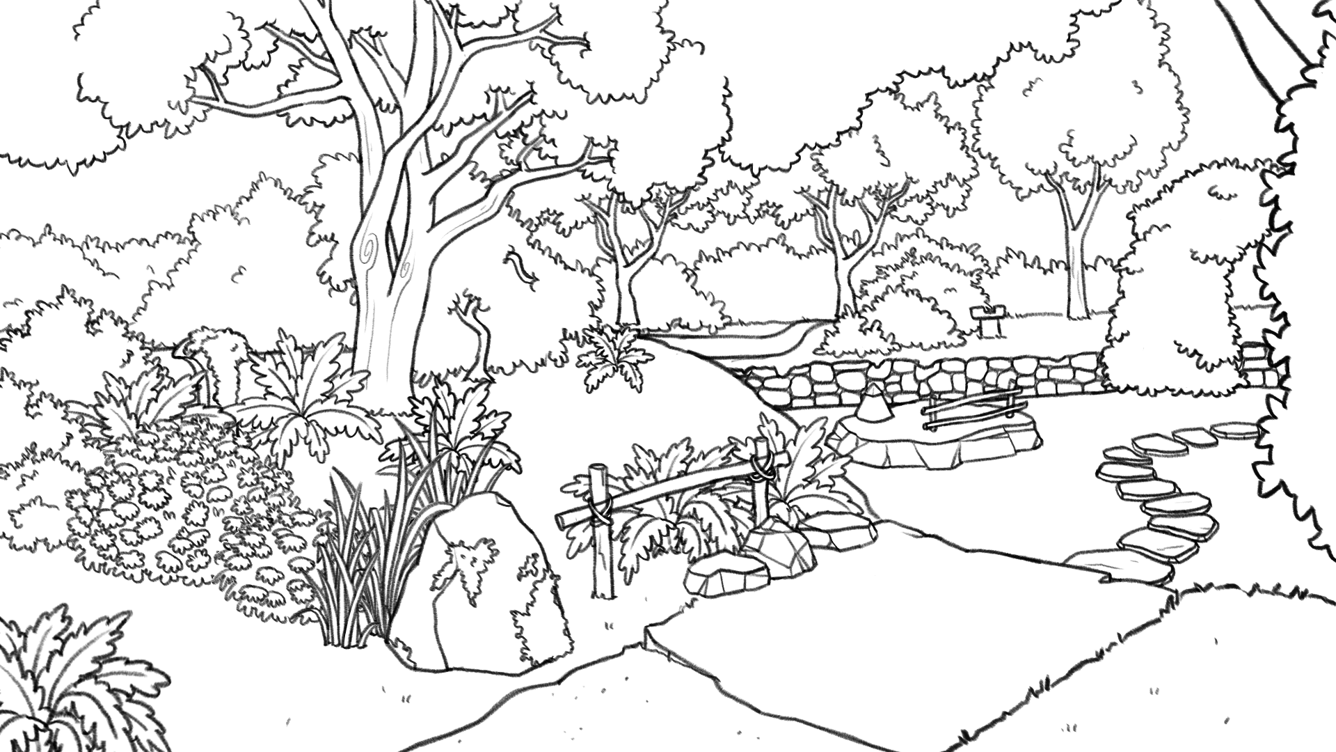Au premier plan de ce dessin à colorier, un sentier mène à un cours d’eau. Une petite barrière en bois le longe. Des pierres qui serpentent dans le ruisseau permettent de le traverser. Des arbres aux nombreuses feuilles bordent le cours d’eau. Des arbustes et des buissons de formats variés parsèment aussi ce jardin.