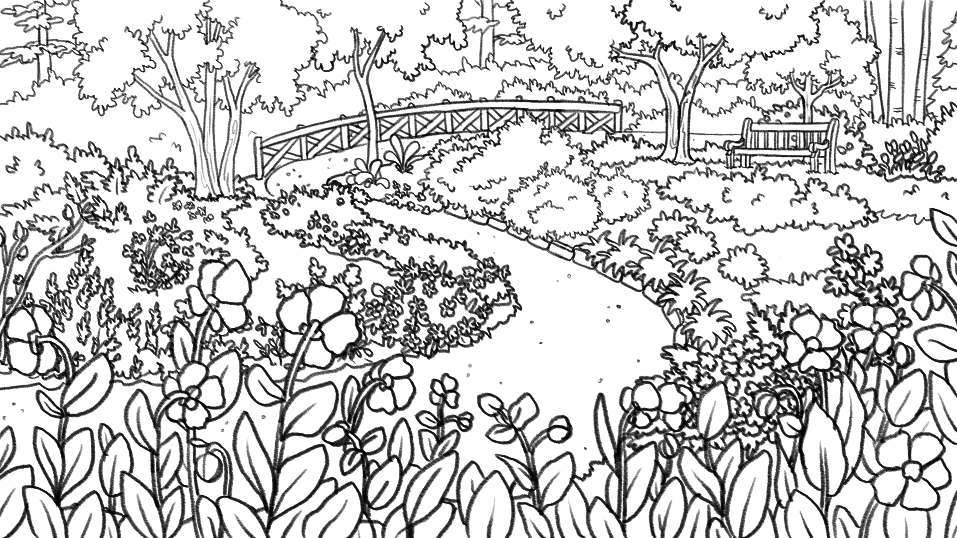 Sur ce dessin à colorier, un sentier serpente le jardin. Au premier plan, en bas du sentier, on voit des fleurs avec de longues tiges et quelques feuilles lancéolées. Plus haut dans la platebande, de nombreuses fleurs et des buissons feuillus se trouvent des deux côtés du sentier. Plus loin, il y a aussi un banc, une clôture et quelques arbres feuillus.