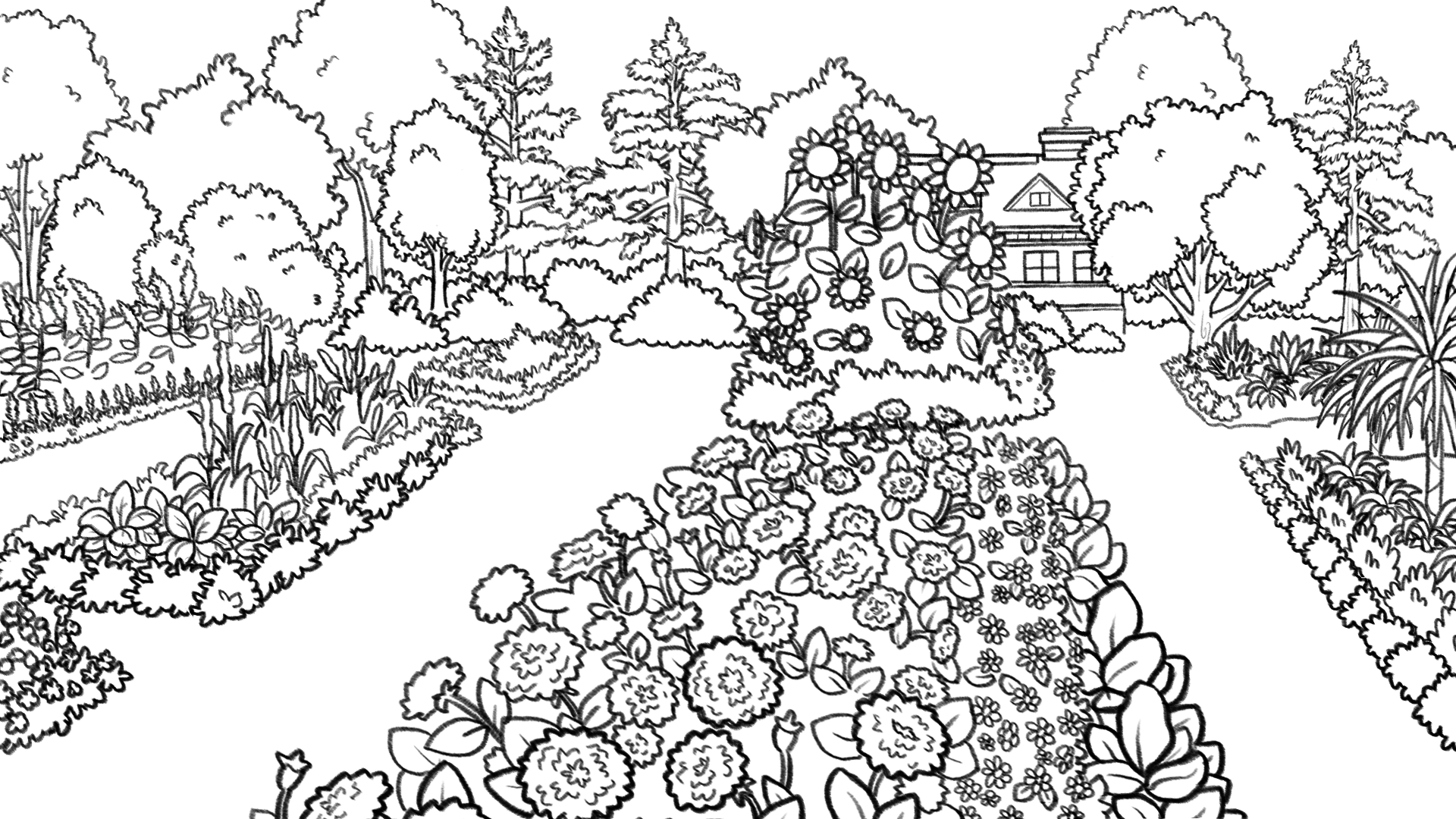 Sur ce dessin à colorier, trois platebandes sont remplies de fleurs variées. Entre ces trois rangées de platebandes, des chemins rectilignes gazonnés permettent de circuler. La platebande centrale, au premier plan, est fournie de plusieurs fleurs. La platebande de droite se compose de buissons et de fleurs variées. On trouve quelques arbres et des arbustes sur celle de gauche. Au fond du dessin, on distingue une maison entourée d’arbres et camouflée par de grandes fleurs en pleine floraison.