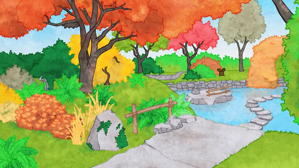 Aquarelle du Jardin japonais, la végétation et le ruisseau sont harmonieux. Un sentier de pierres gris clair mène jusqu’au ruisseau. Une dizaine de pierres plates qui serpentent le cours d’eau permettent de le traverser. Des arbustes et des buissons aux couleurs vert tendre, orangée et jaune bordent le ruisseau. Un arbre au feuillage orange se distingue.