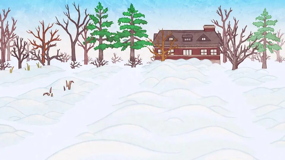 Drawing of the Ornamental Gardens at the Central Experimental Farm during winter. Heavy snow covers all the flower beds and pathways. The brown house is clear of snow, and a few coniferous trees in the background add a touch of greenery. The nearby trees are bare.